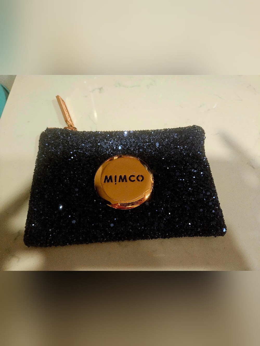 MIMCO Navy Glitter Zip Pouch with Rose Gold Accent
